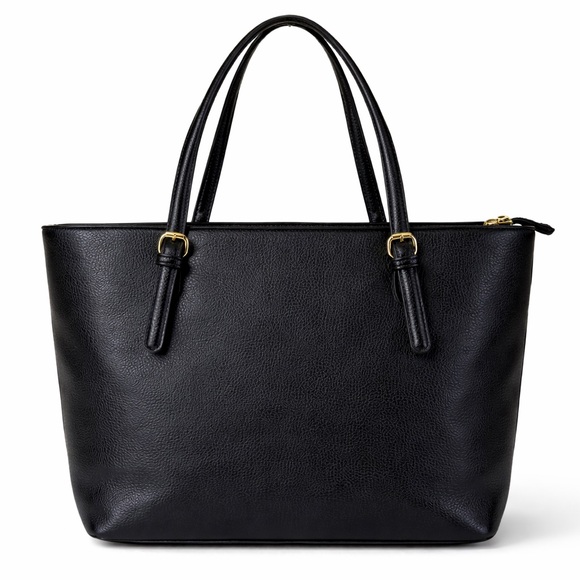 Anne Klein Black Pebbled Leather Tote Gold Lion Medallion - Picture 2 of 5